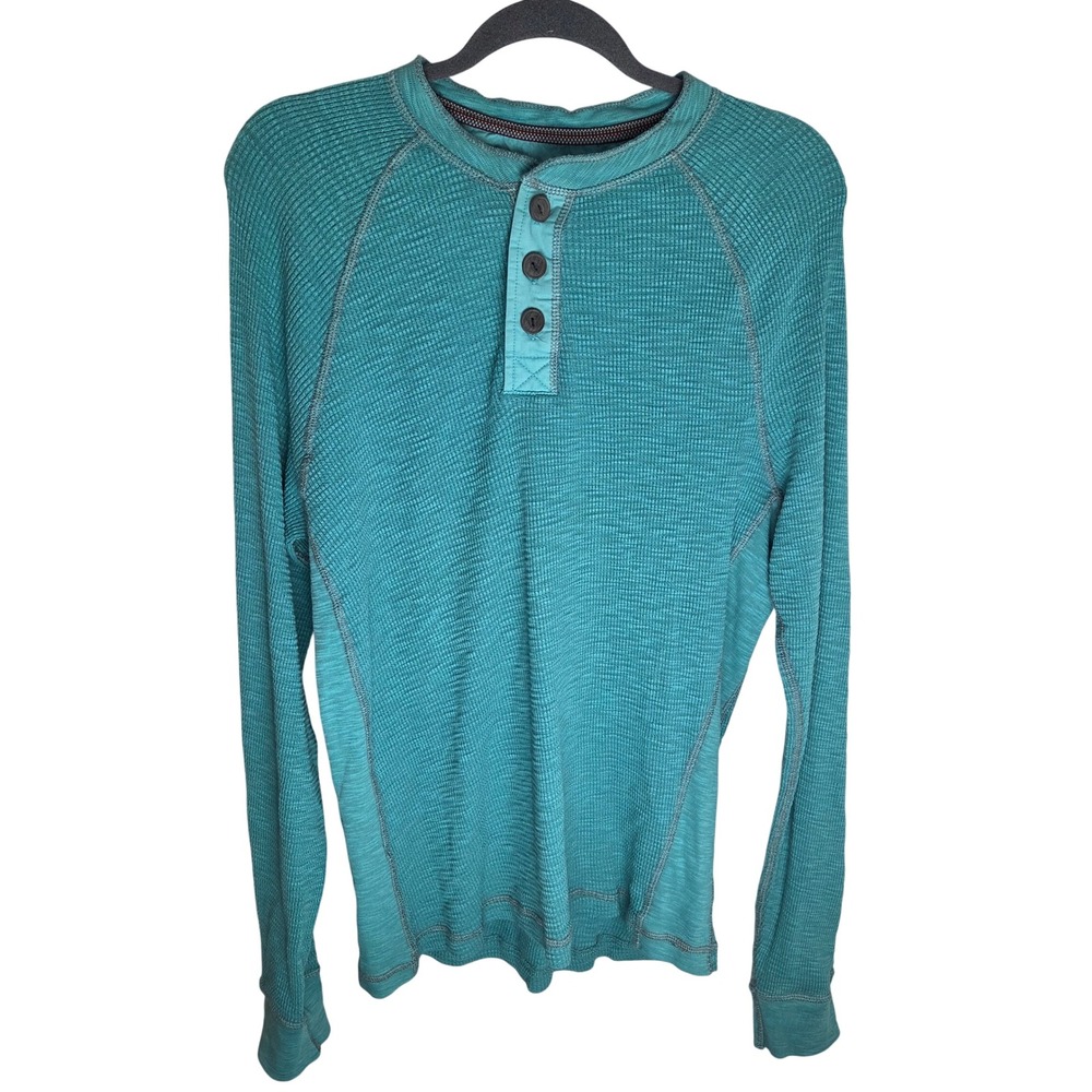 True Grit Mens Large Teal Blue Waffle Knit Henley‎ Long Sleeve Thermal Shirt